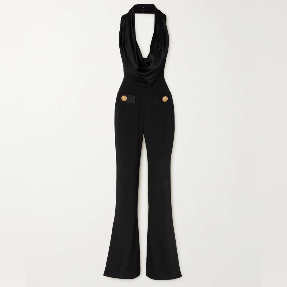 BALMAIN Button-embellished draped satin and crepe jumpsuit